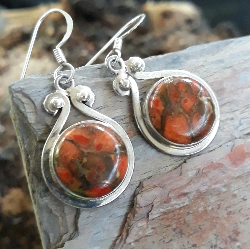 Orange Copper Arizona Turquoise  Silver Earrings